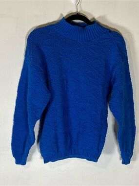 Vintage USA Cobalt Blue Mock Neck Textured Sweater Cottagecore Grandpa Core Flaw
